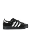 Youth low-top sneakers in black patent with white triple stripes and black laces
