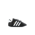Infant black adidas Superstar sneaker with white three stripes and Velcro strap