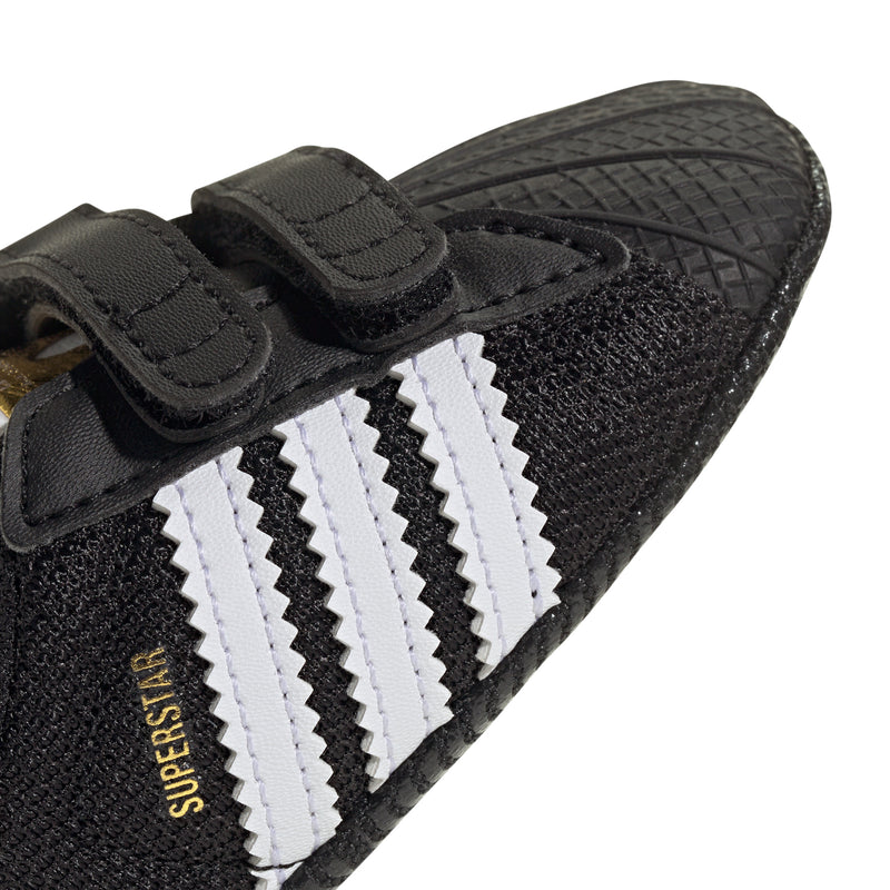 Infant black adidas Superstar sneaker, white three stripes, hook-and-loop strap