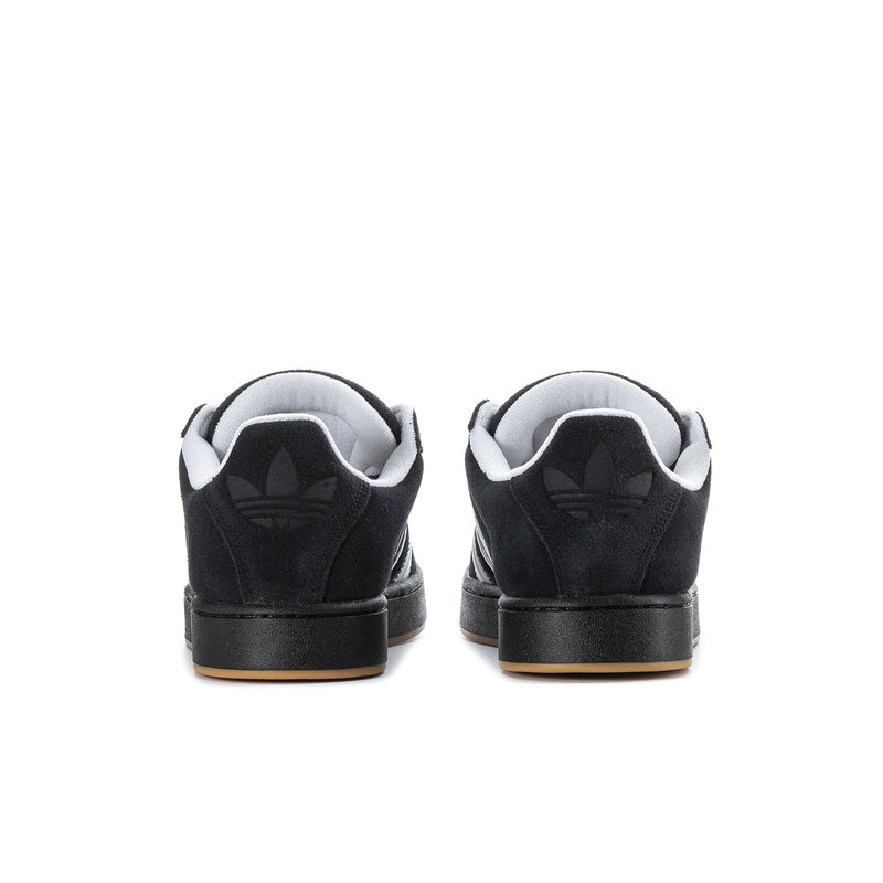 Black men's low-top sneakers from the heel, showing adidas branding and gum outsole.