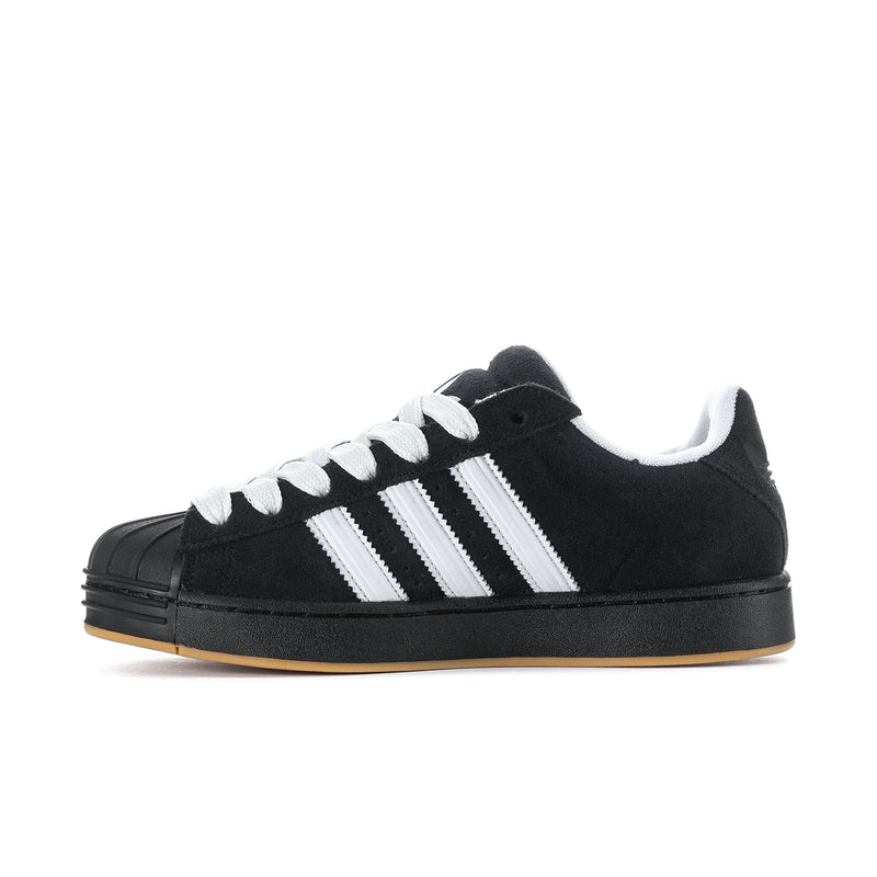 Black and white men's low-top sneakers with white lace-up front and three stripe side.