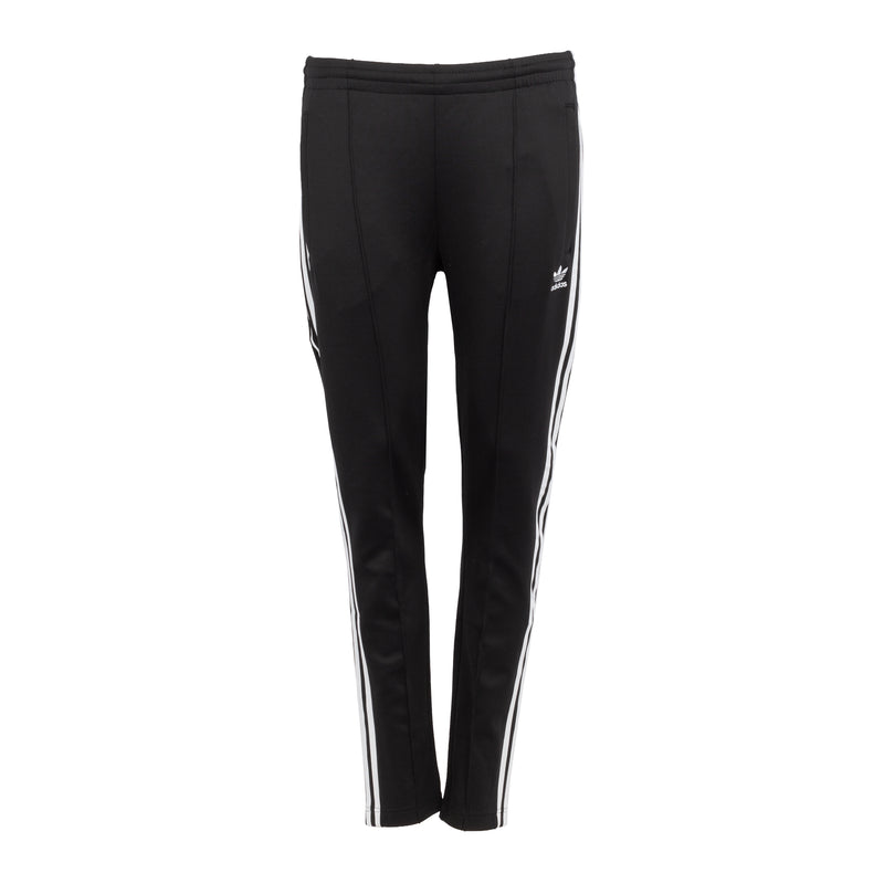Women's black track pants with white triple side stripes, slim tapered fit