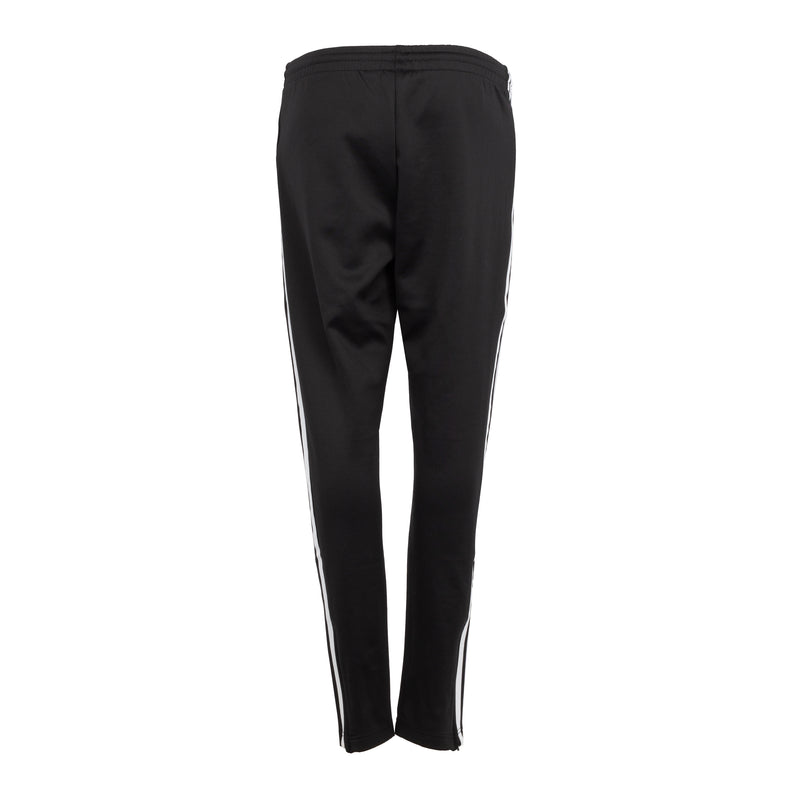 Women's black track pants with elastic waistband and tapered straight legs