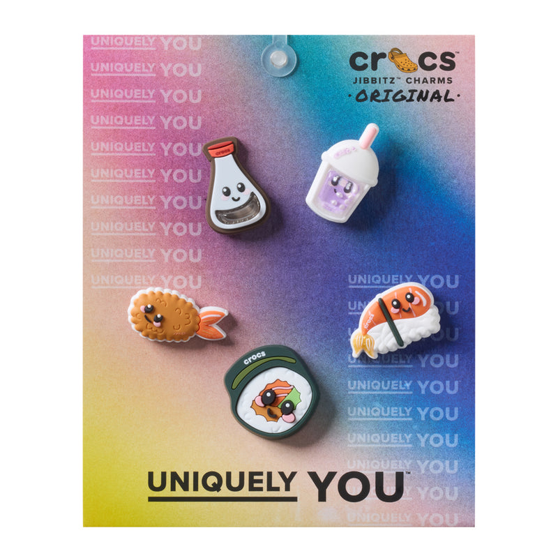 Sushi-themed Jibbitz charms pack with five food icons on display