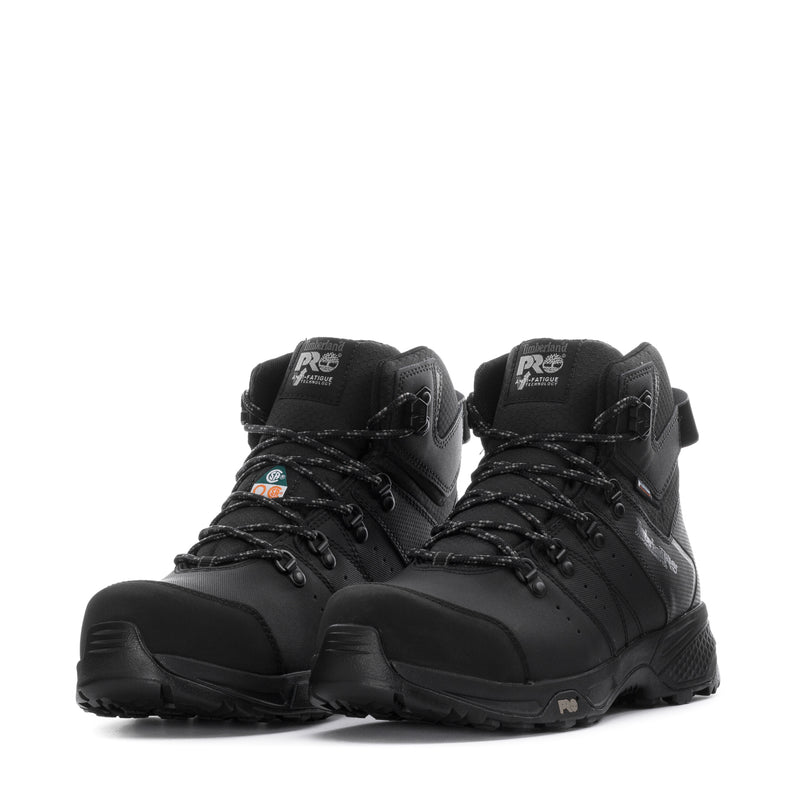 Pair of men's black waterproof work boots with composite toes and rugged laces