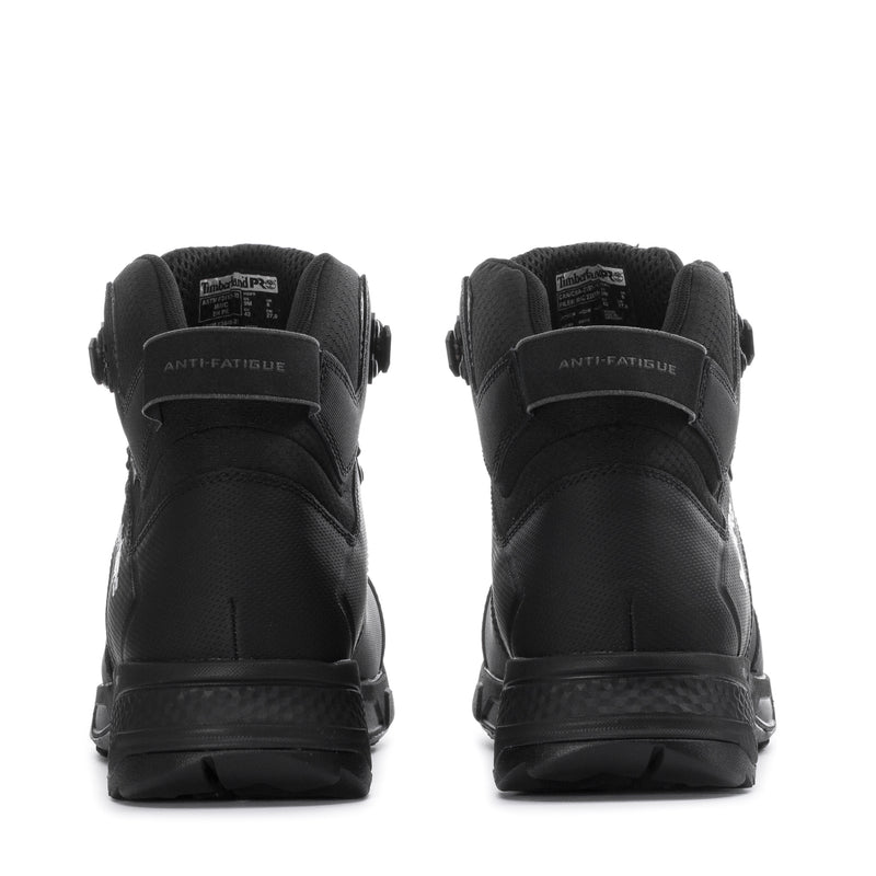Back view of men's black waterproof work boots with anti-fatigue padding