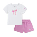 Toddler light magenta and white swoosh ribbon short set with bow graphic