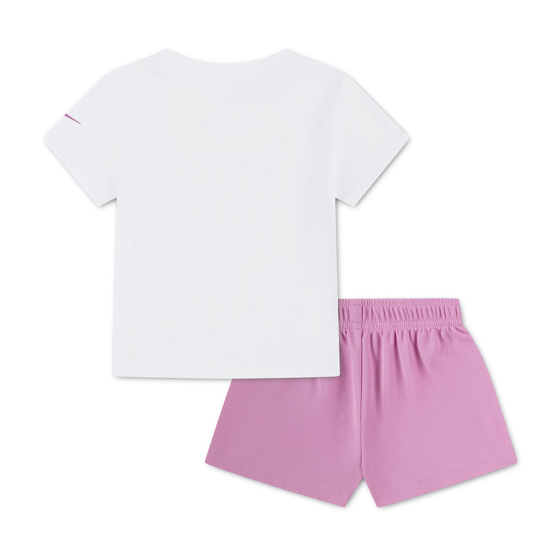 Toddler back view short set: white tee and light magenta shorts