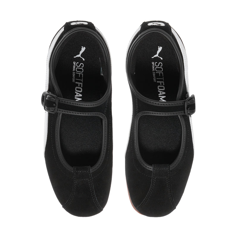 Women's black suede flats with adjustable buckle and SOFTFOAM insole branding.