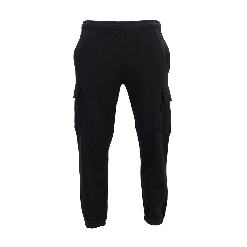 Men's black fleece cargo tapered pants with elastic waist and side cargo pockets