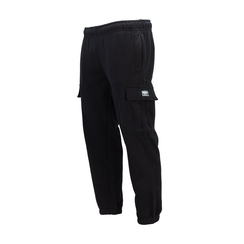 Men's black fleece tapered cargo pants, side utility pocket with flap detail