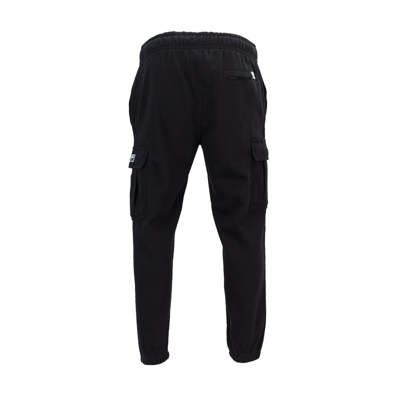 Men's black fleece cargo pants with elastic waistband and roomy tapered leg