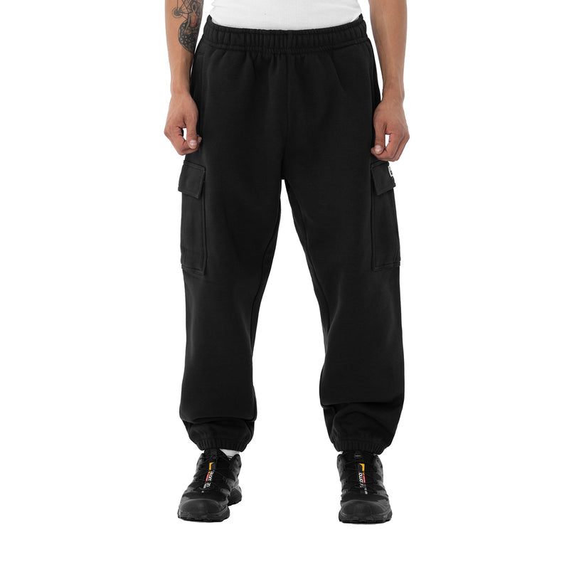 Men's black cargo fleece jogger pants with flap pockets and cuffed ankles