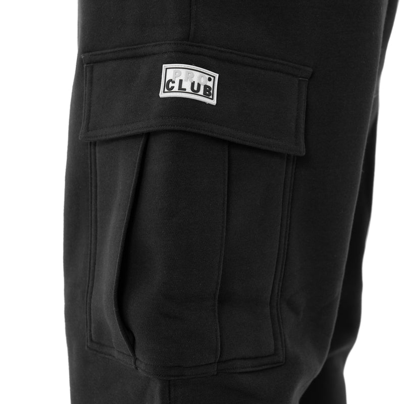Men's black cargo fleece pants with 'CLUB' patch on thigh utility pocket