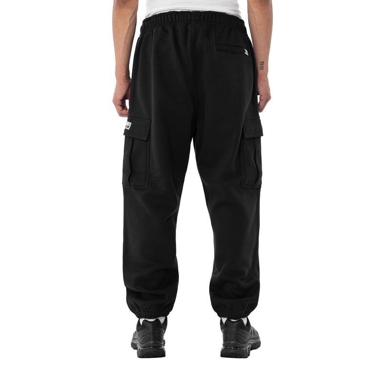 Men's black tapered cargo fleece pants with flap cargo pockets and elastic cuffs
