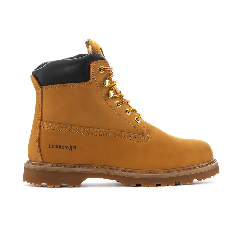 Men's wheat lace-up ankle boot, black collar and panels, yellow laces, rugged sole