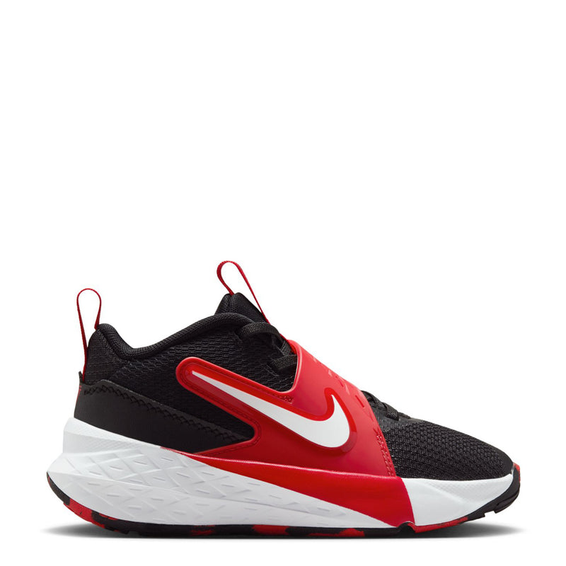 Kids' black and red sneaker with white midsole and swoosh on the side.