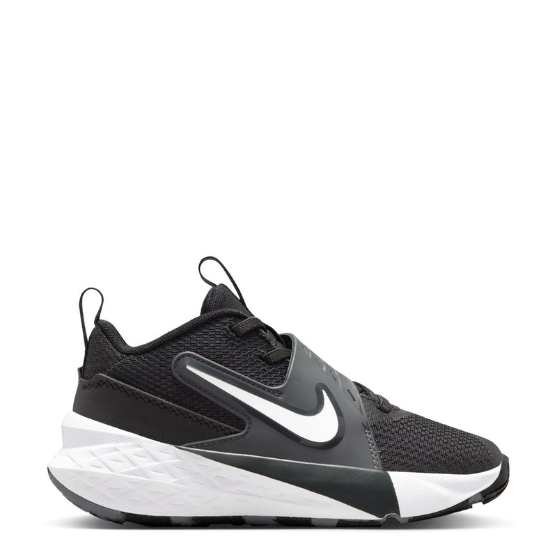 Kids Nike Team Hustle athletic shoe, black mesh with white midsole and swoosh