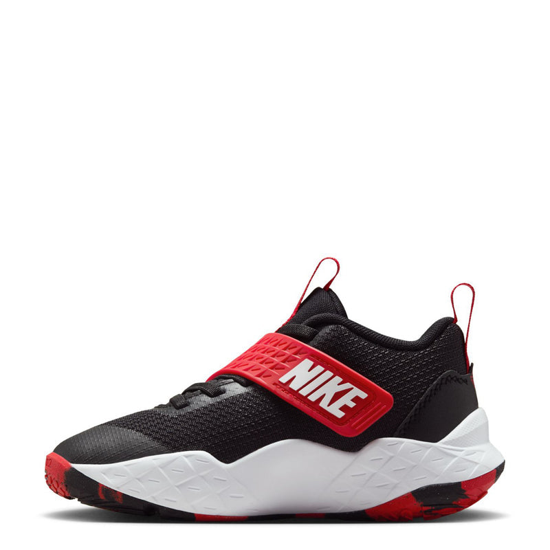 Kids' athletic shoe in black with red details and white midsole, front three-quarter view.