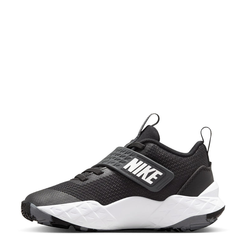Kids Nike athletic shoe, black upper with NIKE tag and white midsole