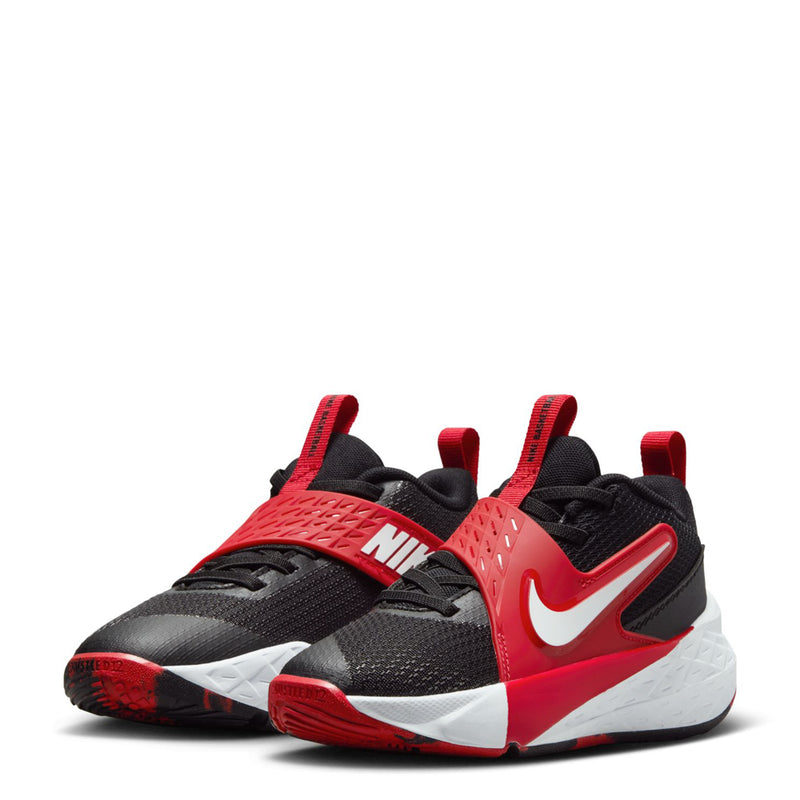 Kids' black and red sneaker, side profile with white sole and red swoosh detail.