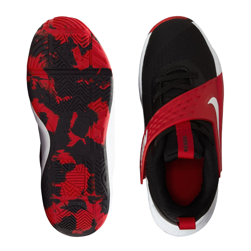 Kids' shoe pair showing red patterned outsole and black upper with red heel strap.