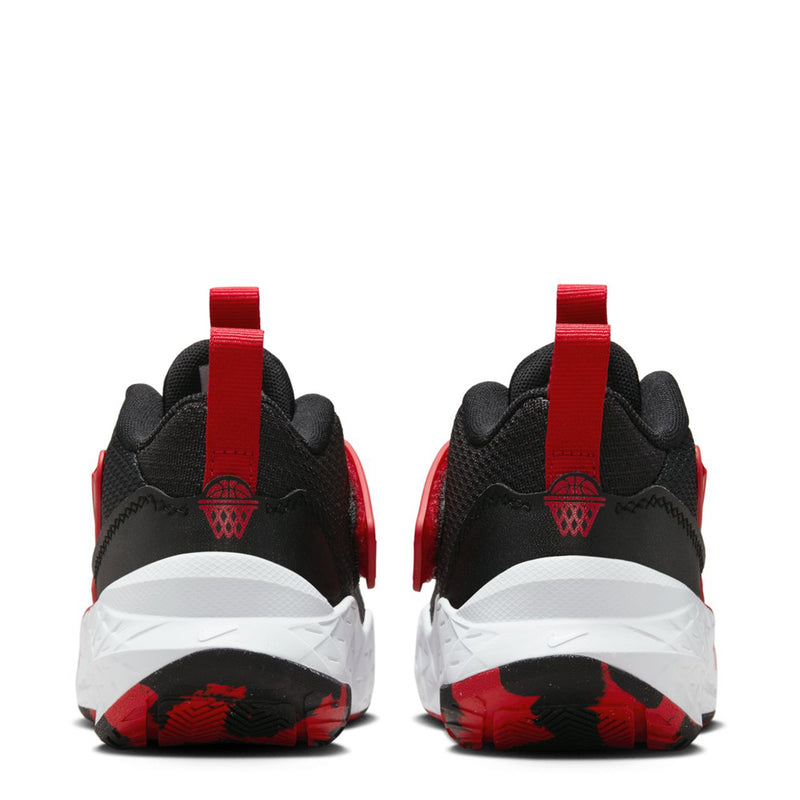 Kids' heel view with white midsole, black upper, and red patterned outsole tread.
