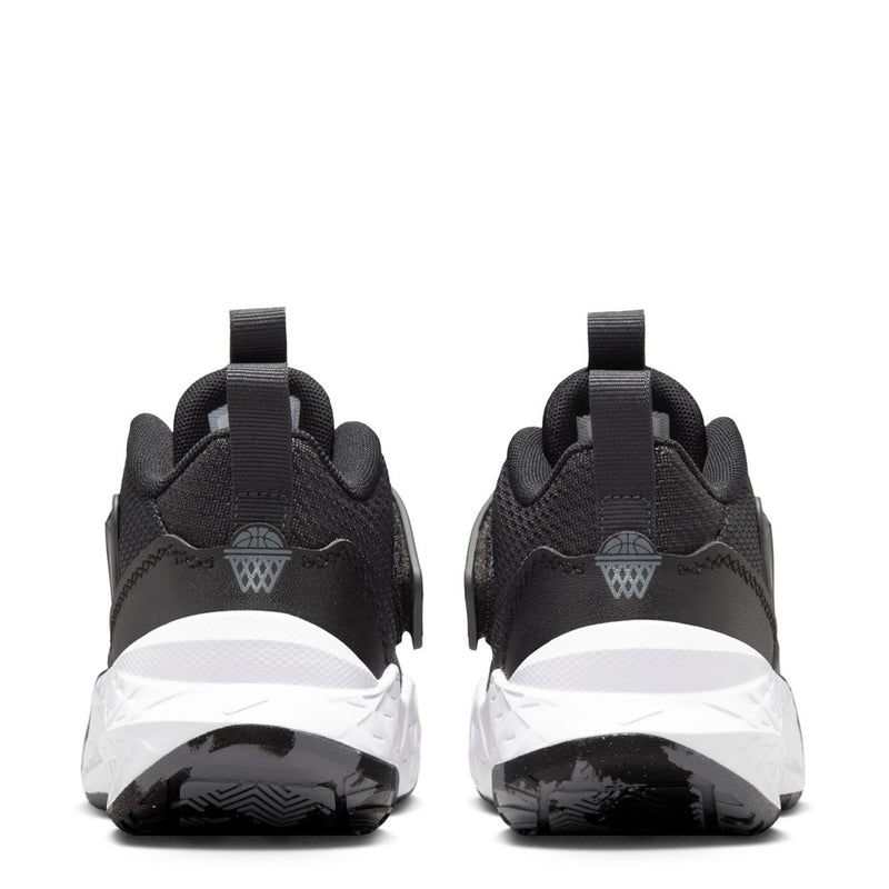 Kids Nike athletic shoe back view, black upper with white midsole