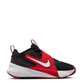 Youth basketball sneaker, black upper with red Nike swoosh and white midsole