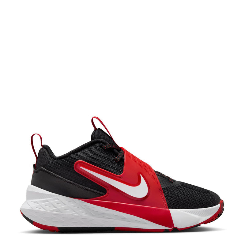 Youth basketball sneaker, black upper with red Nike swoosh and white midsole