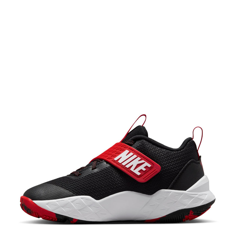 Youth sneaker, black mesh upper with red NIKE heel strap and white midsole