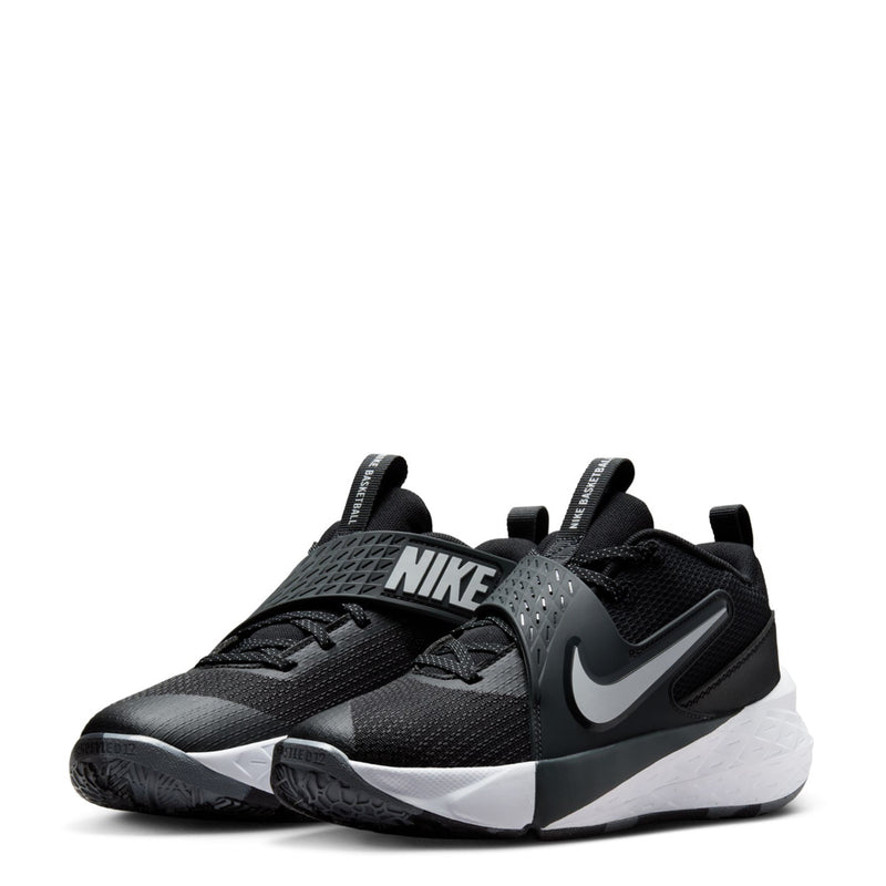 Youth Nike training sneaker, black and gray accents, white outsole and side Swoosh