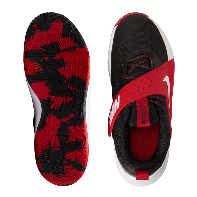 Youth sneaker outsole and interior view, red patterned tread with white sidewall