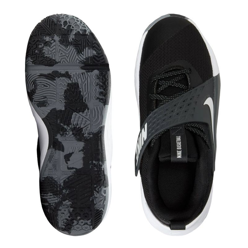 Youth Nike sneakers: view of treaded outsole and black upper with laces