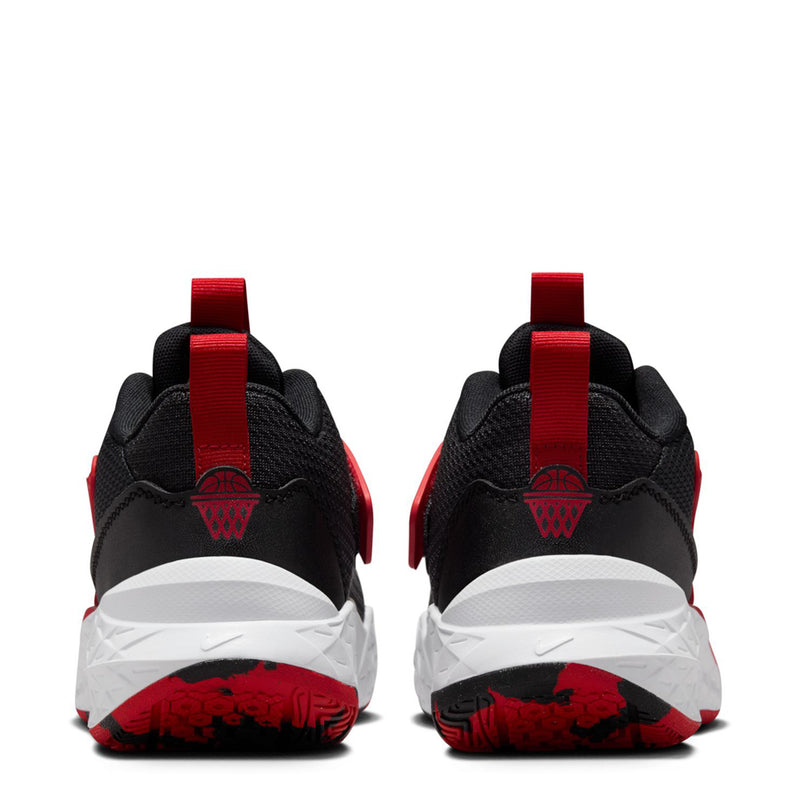 Pair of youth sneakers from heel, black uppers with red straps and white midsoles