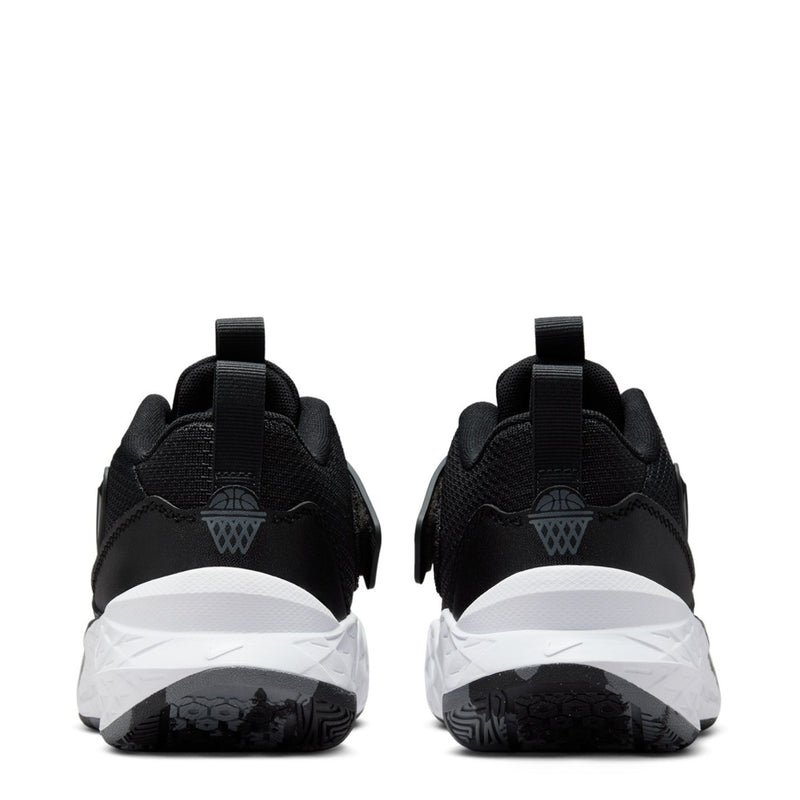 Youth Nike sneakers rear view, black upper with white midsole and heel support tabs
