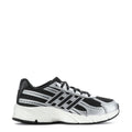 Black and silver lace-up low-top sneakers with mesh panels and cushioned white sole