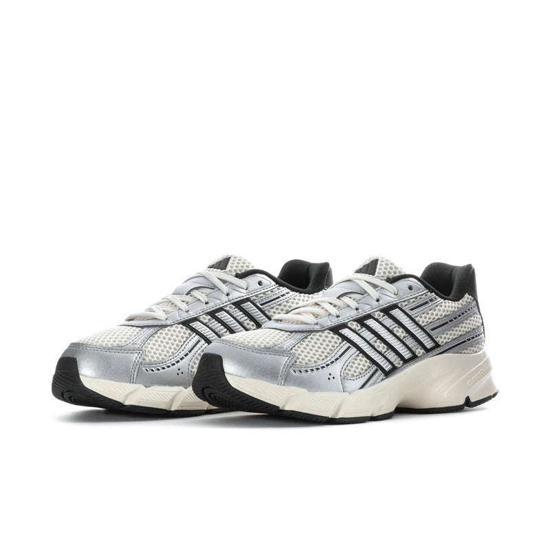 Women’s lace-up running shoes, metallic silver mesh with black stripes and sole