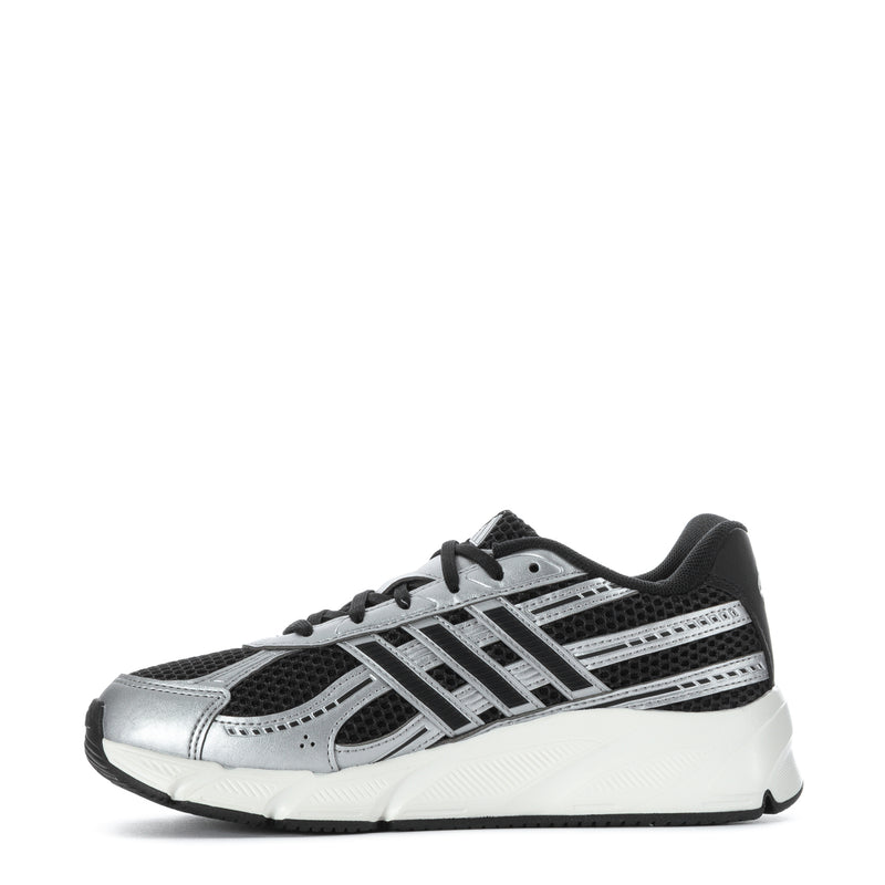 Black, silver, and white lace-up sneakers with geometric stripe details and chunky sole