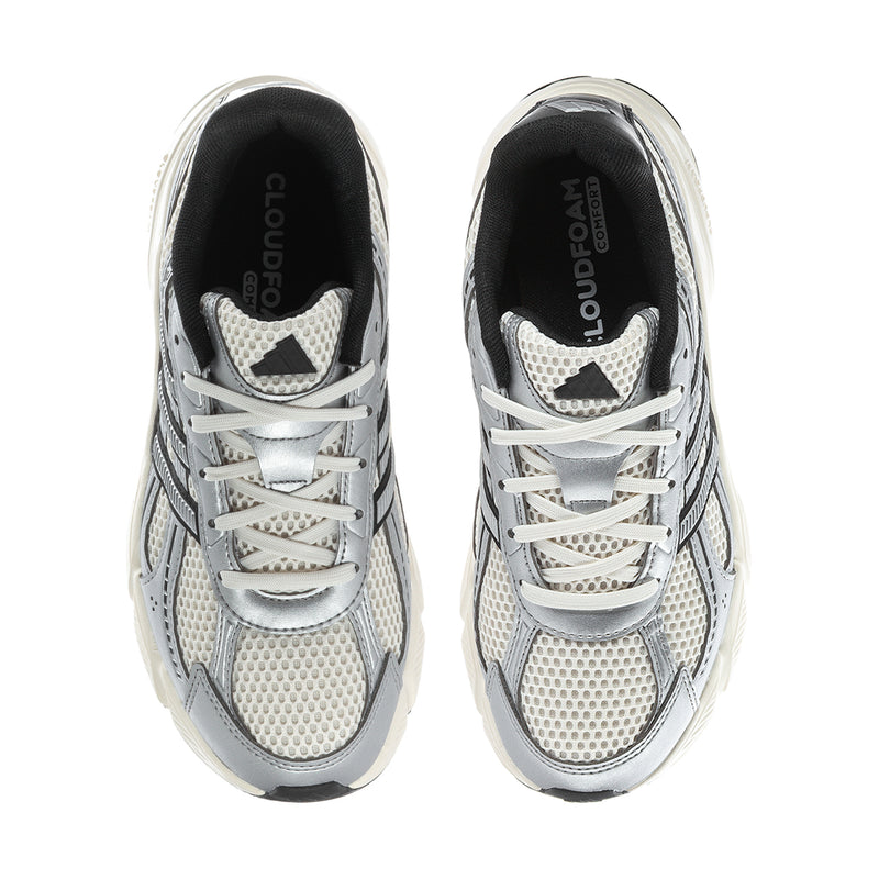 Women’s lace-up sneakers front view with silver mesh upper and black interior