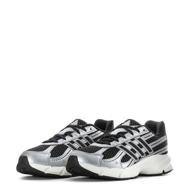Pair of black and silver lace-up low-top sneakers with white midsole and treaded outsole