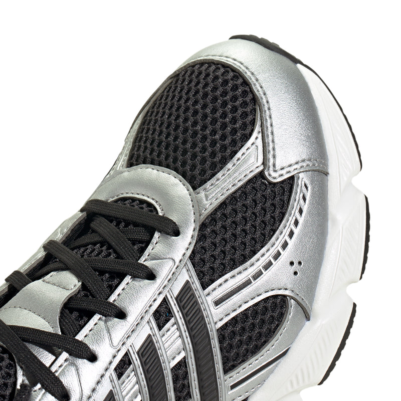 Silver and black lace-up sneaker with mesh side panel and metallic stripe trim