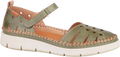 Green sandal with cut-out design on a white background