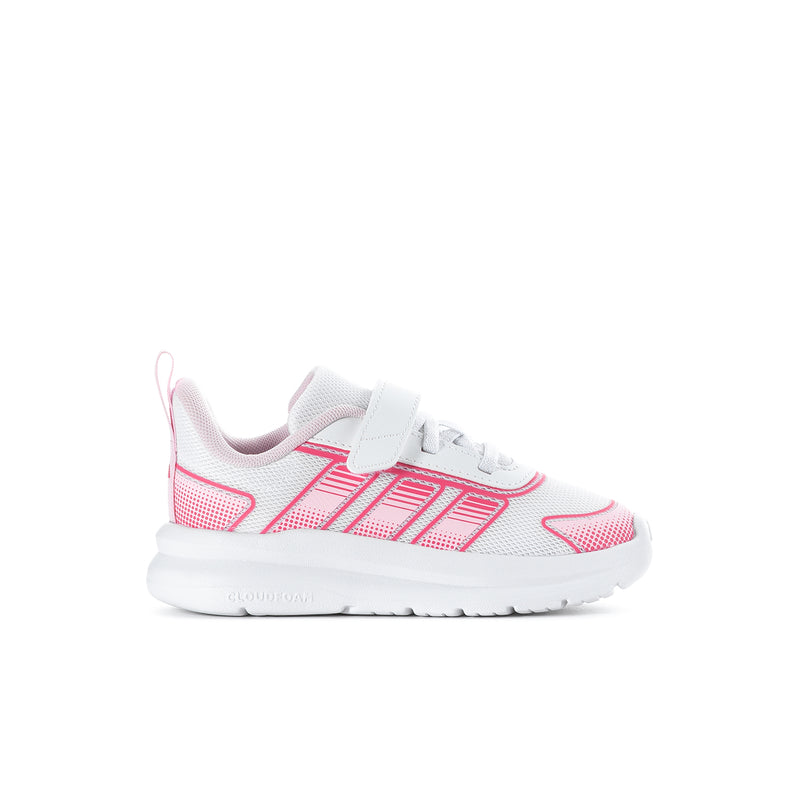 Toddler running shoe, white upper with pink stripes and front strap closure