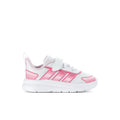Toddler running shoe, white upper with pink stripes and front strap closure