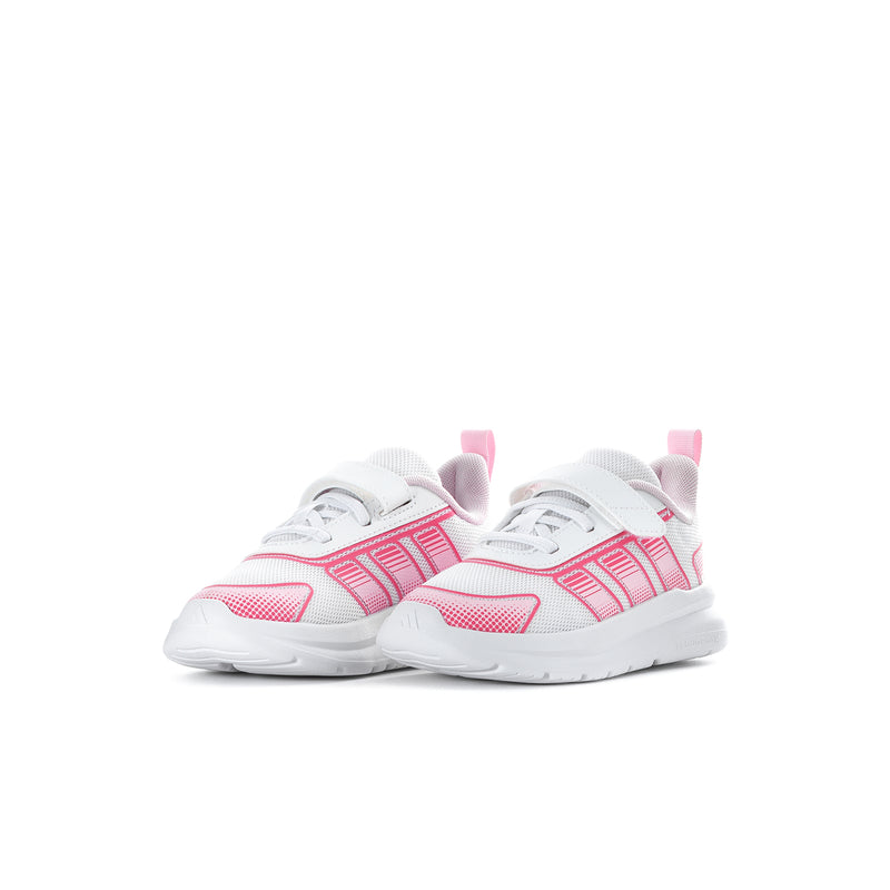 Toddler running shoes, white uppers with pink side panels and lace-up design