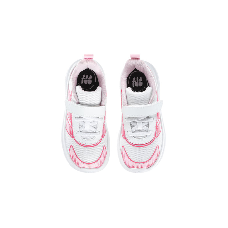 Toddler sneakers pair, padded collar with white laces and pink heel loop tabs
