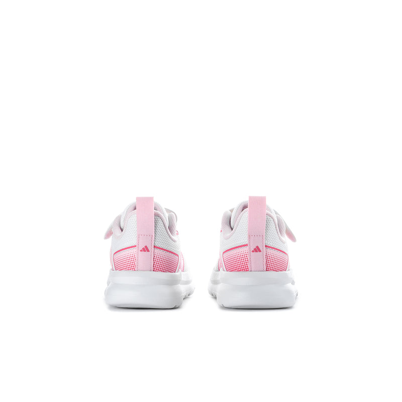 Toddler sneakers heel view, white uppers with pink pull tabs and chunky white sole