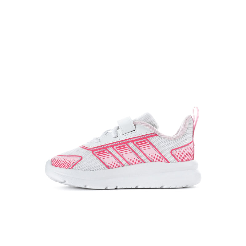 Toddler running shoe, white with pink stripe graphics and hook-and-loop strap