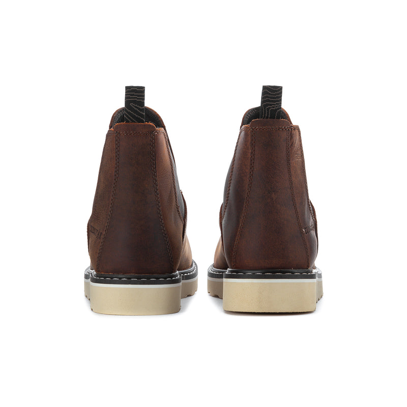 Women’s wide Chelsea boots, dark brown suede with pull tab and low stacked heel